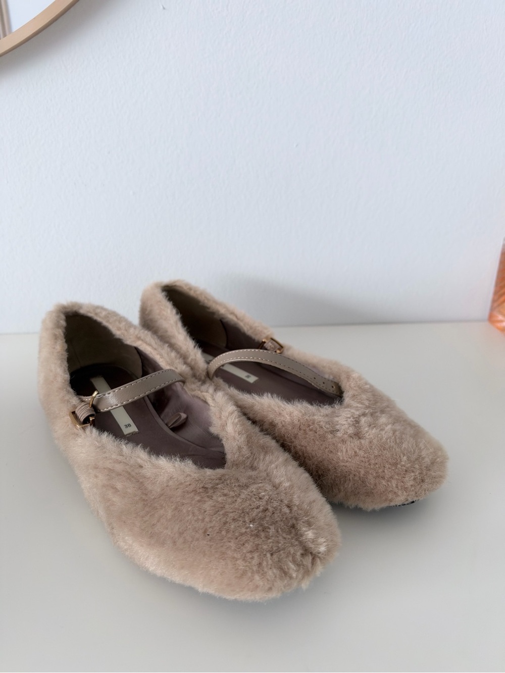 Zara Faux-Fur Mary Jane Flats — Taupe